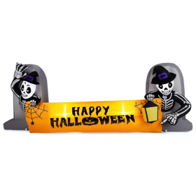 9.6FT Large Halloween Inflatable Decorations Skeleton Tombstone Banner, Outdoor Decorations Blow Up Yard Decor With Built-in LEDs For Halloween H (Color: White)