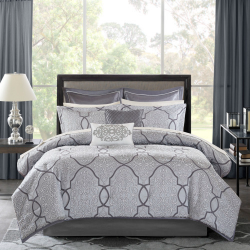 12 Piece Comforter Set With Cotton Bed Sheets Silver King (Color: silver)