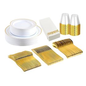 Set Of 175Pcs Disposable Gold Dinnerware Set Gold Rim Plastic Plates Cups Fork Spoon Knife Paper Napkins For Party Wedding Graduation (Color: gold)